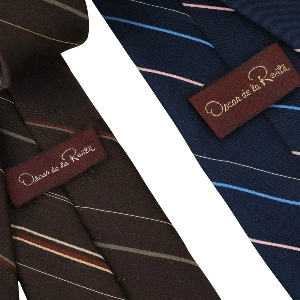 Vintage Oscar de la Renta Silk Neck Ties Navy Brown Stripe Classic 57